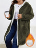 Women Fuzzy Fleece Lined Hooded Long Open Cardigan Warm Sherpa Trim Mid Length Coat With Side Pockets Loose Winter Outerwear