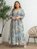 Plus Size Women's Blue-Brown Ethnic Paisley Print V-Neck Half Sleeve Tie Waist Dress