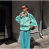 Shiny Stand Collar Short Jacket Women Puff Sleeve Drawstring Waist Cinching Pleated Jackets Autumn Causal Lady Outerwear