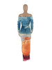 Women Gradient Tie Dye Printed Off Shoulder Long Sleeve Maxi Long Midi Bodycon Ruched Dress Sexy Party Club Dresses