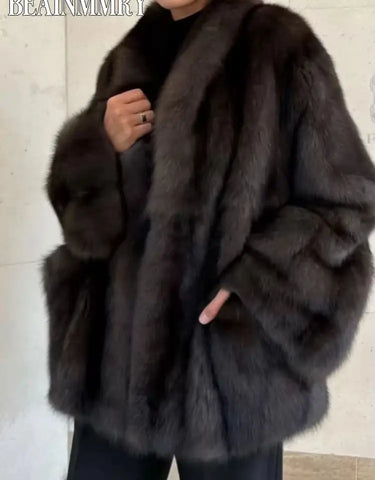 Women Thick Faux Fur Coat Lapel Hidden Button Loose Elegant Lady Outerwear Female Street Warm Commute Overcoat