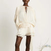 French Style Bubble Sleeve Mini Dress Woman Ruffle Solid Bright Satin Party Dress Spring Tie-up O Neck Pleated Dress