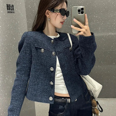 Korean Tweed Jackets for Women Vintage Metal Buckle Design Short Coat Ladies Elegant Single Breasted Outerwear
