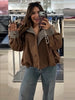 Brown Stand Collar Short Jacket Classic Plaid Contrast Cuff Oversized Casual Coat Autumn Lady Daily Street Outerwear