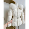 Chic Women's Cotton Padded Jackt with Large Fur Collar Waist-Cinching Mid-Length Parkas Korean Warm Commute Outerwear