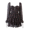 Women Sexy Cross Bandage Black Flower Print Puff Long Sleeve Dress 3 Layer Wood Ears Ruffles Hem Cake Mini Holiday Robe