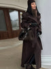 Vintage Large Lapel Tweed Long Coat Women Elegant Loose Double Breasted Belt Coats Lady Winter Classic Chic Street Overcoat