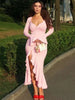 Flare Long Sleeve Ruffle Sexy Maxi Dress Women Autumn Pink V Neck Single-breasted High Waist Club Long Dresses Female