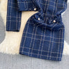 Autumn Dress Suit Women Korean Chic Blue Tweed Jacket + Vest Dress Elegant 2 Piece Set Long Sleeve Cropped Coat
