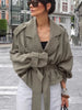 Women's Lace Up Cropped Trench Coat Lapel Long Sleeve Solid Loose Jacket Autumn Winter Female Street Outerwear