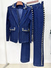 High Street Runway Designer Suit Set Women's Career Style Single Button Washed Denim Beaded Blazer Long Pants Suit