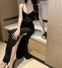 Women Black Lace Slip Dress Sexy Elegant Lady Style Evening Party Dress Slit Long Gown Mature Date Night Ladies Dresses