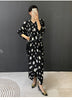 Balck Dot Printting Pleated Women's Dress V Collar Batwing Sleeve Mid-Length Mermaid Dresses 2DB6625