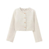 Women's Tweed Crop Jacket with Golden Buttons, O Neck, Long Sleeve Coat, Female Outerwear, Chic Tops