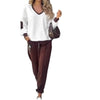 Women's Suit Contrasting Color V-neck Long-sleeved Simple Elastic Waist Casual Street Sweatshirt Pants 2-piece Set