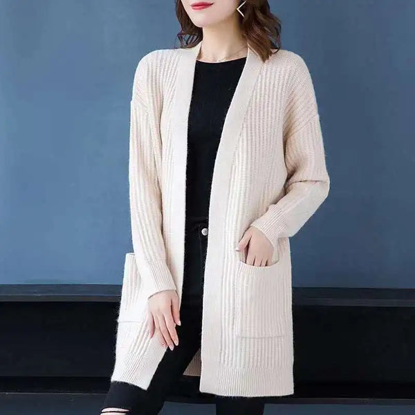 Knitted Shirt Casual Long Sleeve Loose Medium Length Outwear Sweater Coat Women Autumn Knitwears Cardigan Mujer