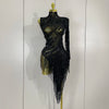 Sparkly Rhinestones Tassel Sexy See-Through Dress Women One Shoulder Latin Dance Outfits Bars Nightclub Party Stage Costume