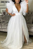 Women Cascading Ruffles Shoulder High Side Split Mesh Patchwork Maxi Long Dress sexy even Party Vestidos Dresses