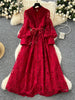 Spring Autumn French Women's Dress Lace Embroidery V-neck Lantern Sleeves Single Breasted Party Birthday Dress C192