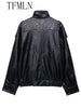 Winter Women Faux Leather Loose Jacket High Street Stand Collar Long Sleeve Coat Zipper Thicken Outwear