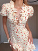 Sexy Floral Printed Mini Dress Women V-neck Flared Sleeve Waist Cinching Ruffle Bodycon Dresses Lady Party Vacation Gowns