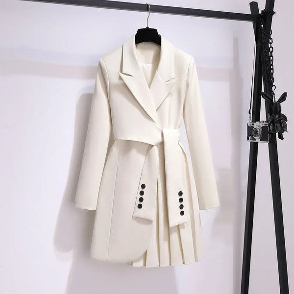 Women Spring Women Clothing Suit Skirt Jacket Belt Waist Slim Suit Women Blazer Long Coat Black Blazers