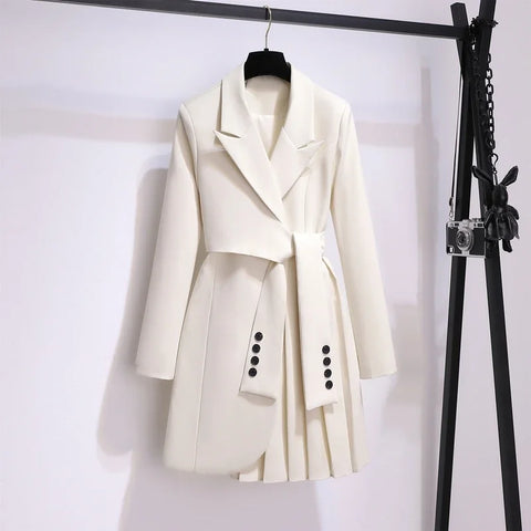 Women Spring Women Clothing Suit Skirt Jacket Belt Waist Slim Suit Women Blazer Long Coat Black Blazers