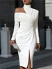 Women's White Off Shoulder Asymmetric Bodycon Dresses Autumn High Collar Cutout Long Sleeve Ruched Slit Slim Midi Dress