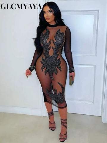 Women O-neck Long Sleeve Mesh Diamonds Sequined Long Midi Dress Spring Birthday Evening Party Sexy Dresses Vestidos