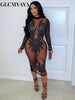 Women O-neck Long Sleeve Mesh Diamonds Sequined Long Midi Dress Spring Birthday Evening Party Sexy Dresses Vestidos