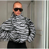 Zebra Striped Faux Fur Jacket Women Stand Collar Burgundy Velvet Patch Pocket Single Breasted Coat Autumn Street Jackets