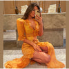 Elegant Ruffle Women's Long Dresses V Neck Half Sleeve Button Waist Cinching Pleated Dress Spring Lady Party Robes