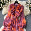 Retro Elegant Autumn Edible Tree Fungus Patchwork Long Sleeves Print Chiffon Dress A-line French Vintage Vacation Women Dresses