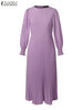 Elegant Women Pleated Dress Classy Smocked Cuffs Long Sleeve O Neck Fit and Flare Long Vestidos Commute Solid Party Robes