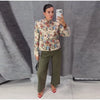 Women Cropped Floral Print Jacket Stand Collar Long Sleeve Button Front Pockets Vintage Loose Short Coat Autumn Chic Blazer