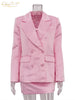 Loose Pink Satin 2 Piece Sets Women Outfit Elegant Long Sleeve Blazer With Mid Waist Mini Skirts Set Female