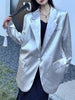 Women Silver Big Size Glossy Sensation Blazer Lapel Long Sleeve Loose Jacket Tide Autumn 31A0901