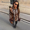 Women Leopard Print Stand Collar Waist Cinched Faux Fur Short Coat Fluffy Cuff Outerwear Winter Ladies Warm Furry Jacket