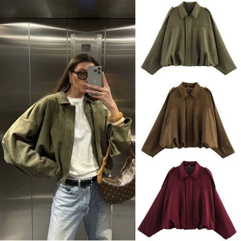 Spring Women's Suede Texture Effect Loose Version of Lapel Shoulder Jacket
