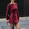 Sexy Wine Red Dresses Women Autumn O-Neck Streetwear Print Long Sleeves Dresses Lady Knitted Pullover Clothing Dress