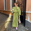 Green Lapel Belt Lace Up Long Trench Coat Women Lantern Sleeve Waist Cinching Jacket Autumn Lady Street Daily Outerwear