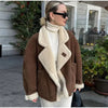French Vintage Lamb Wool Women Coat Patchwork Full Sleeve Lapel Parka Coat Loose Winter Warm Jacket Thicken Pocket Lady Overcoat