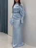 Lady Casual Long Sleeve Pleated Floor Length Dress Hight Waist Slim Party Dress Elegant O-neck Patchwork Irregular Gowns