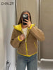 Casual Women's Knit Contrast Fleece Coats Stand Collar Zipper Pockets Full Sleeve Jackets Spring Lady Warm Outwear