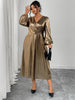 Plus Size Surplice Neck Long Sleeve Elegant Party A-Line Dress Autumn Women's High Waist Slim Maxi Long Dresses