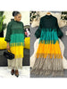 Tassel Patchwok Color Block Dress for Women Pleated Puff Sleeve Mid-calf Dresses Female Autumn