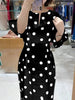 Elegant Women Dots Print Dress Summer Slim 3/4 Sleeve Vestidos V-Neck Party Midi Robe Office Pocket Dresses
