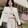 Korean Plaid Tweed Jacket Women White Round Neck Cropped Tassel Coat Autumn Single Breasted Office Lady Outwear