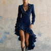 Elegant Ruffled Waist Pleat Long Dress Women's Irregular Solid Slim Party Dress Sexy V-neck Long Sleeve Wash Denim Dress