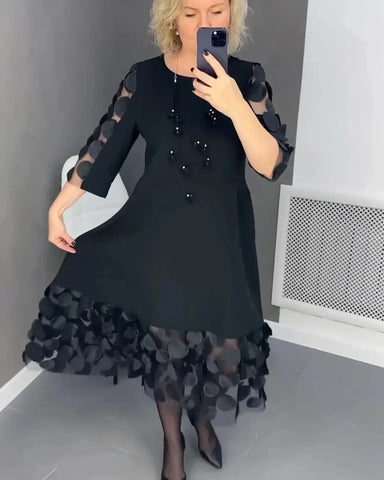 Plus Size Flared Dress with Dots Decor Women Long Black O-neck Perspective Dot Loose Dresses Elegant Casual Daily Wear